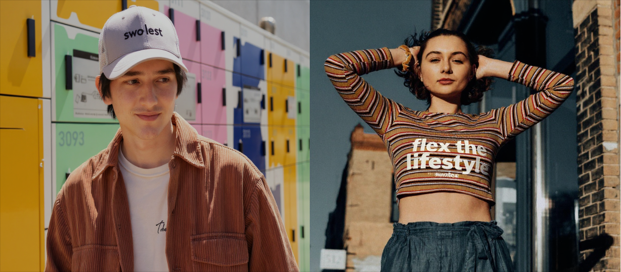 A young man in a brown jacket and "swole" cap stands by colorful lockers, smiling. Beside him, a woman with a confident expression poses in a striped top that reads "flex the lifestyle," arms raised behind her head.