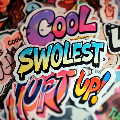 A colorful stack of lively, graffiti-style stickers featuring words like "Cool," "Swolest," and "Up!" in bold, vibrant fonts, conveying energy and fun.